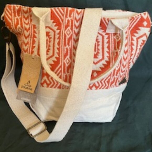 Prana Soleil Satchel Orange Cream Cotton Canvas Crossbody Tote Bag - Picture 5 of 12